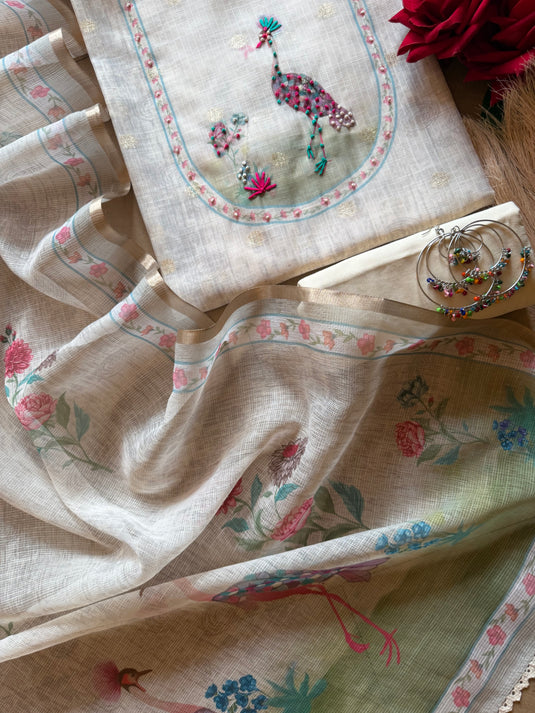 Peacock knot work ivory Kota Doria suit set