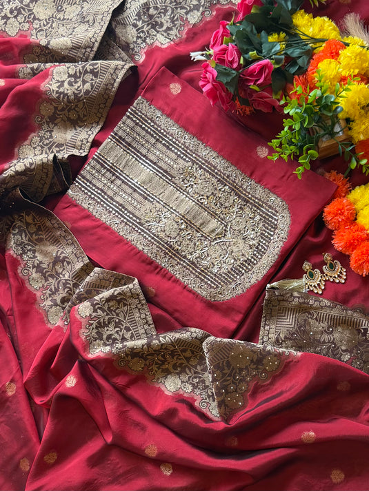 Taffeta Silk rusty red brocade finished suit set