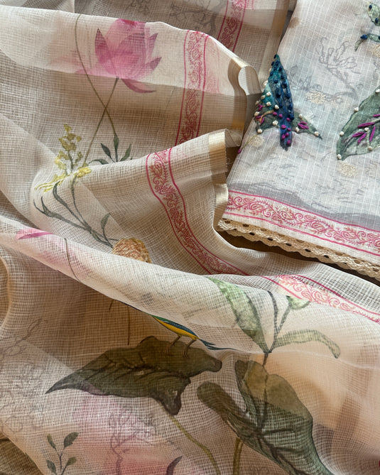 Kota Banarasi ivory bird pattern suit sets