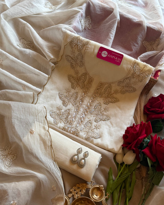 Hand Embroidered butterfly Mul Chanderi suit set