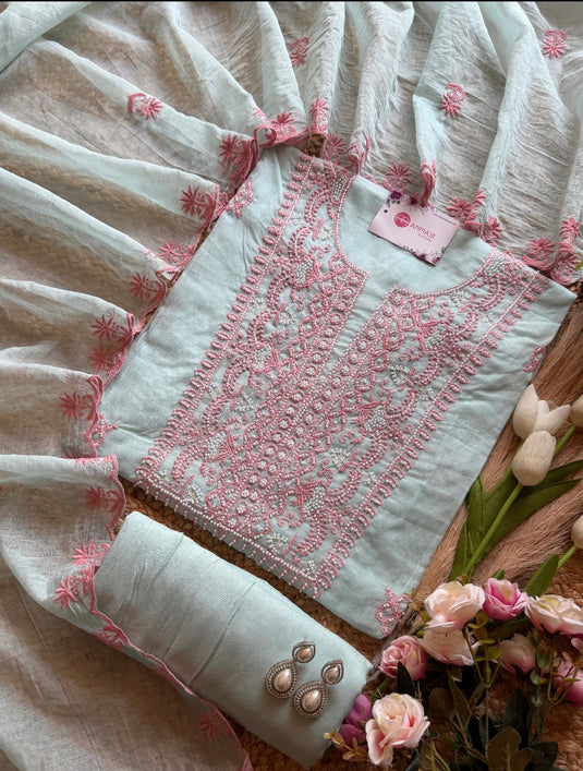 Little pearl lucknawi work Mul Chanderi suit set