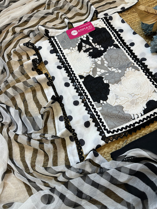 Polka dots with crochet neck and georgette polka dots dupatta