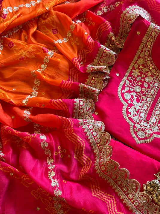Dori neck pure Dolla silk suit set with Dori work Bandhani print dupatta and potli
