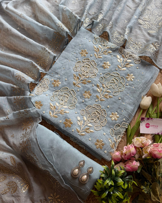 Pearl pita detailed Mul Chanderi Suit set