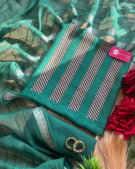 Pure Maheshwari silk kantha work with stripes