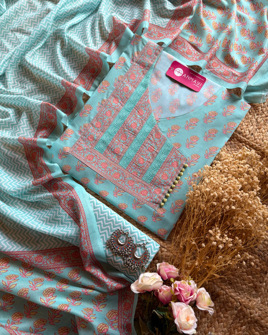 Pure Cotton Angrakha Neck block print cotton suit set