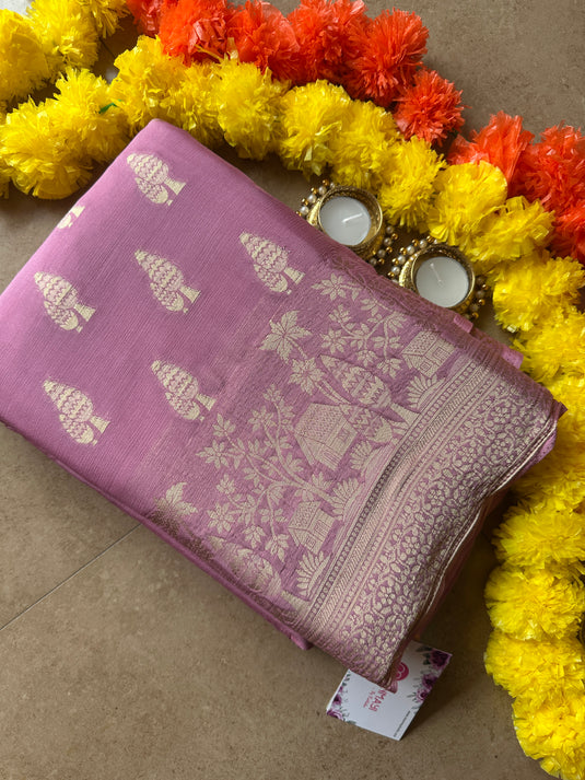 Pine tree chiffon banarasi saree with tassels