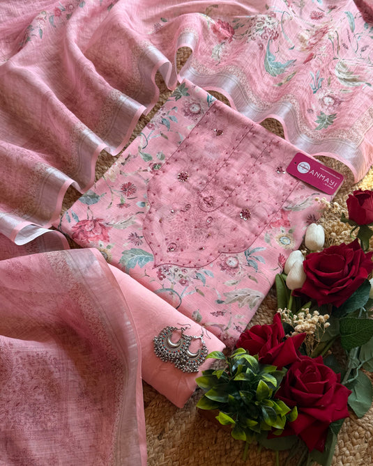 Printed florals soft linen suit set with patched neck