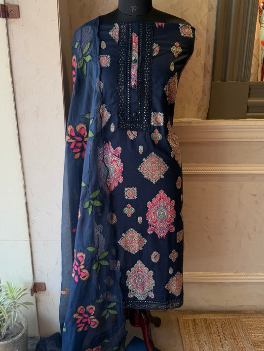 Mughal paisley print Cambric cotton suit with Kota dupatta