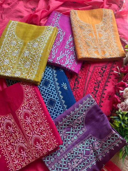 Coloured Bakhiya pure mul chanderi suit set