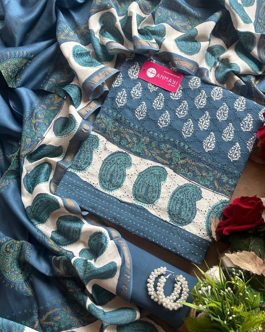 Hakooba block print suit set with cotton silk dupatta