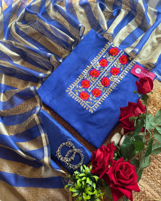 Chanderi bright pita neck suit with Banarasi border