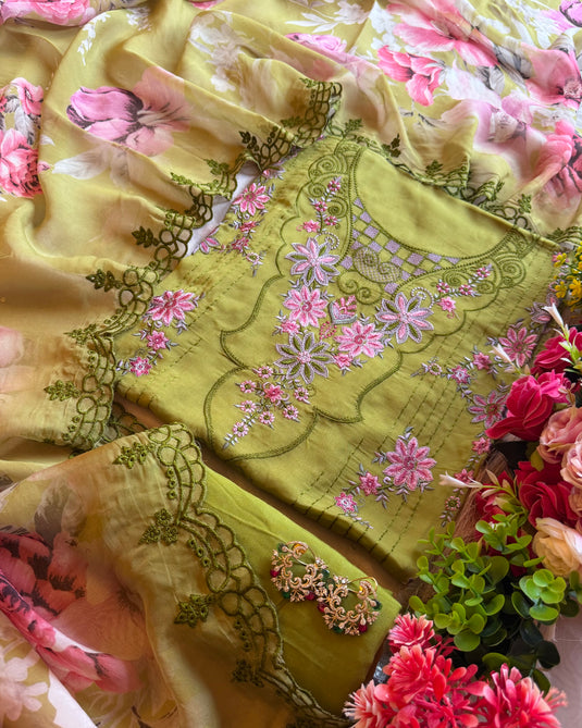 Pakistani threads work soft organza suit set
