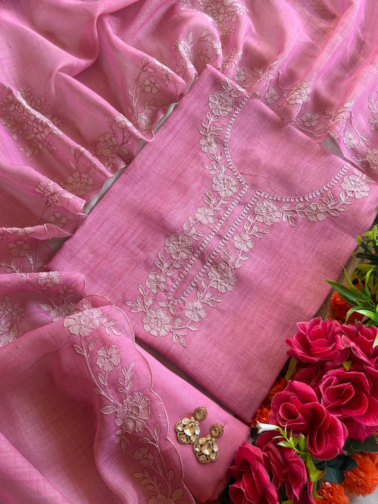 Straw work linen shimmer flower suit set