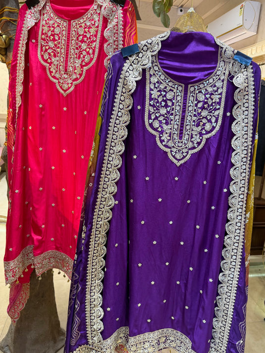Dori neck pure Dolla silk suit set with Dori work Bandhani print dupatta and potli