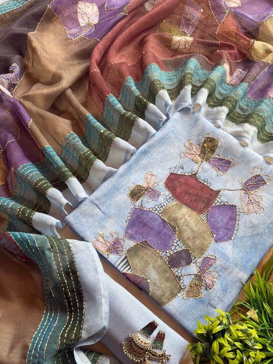 Multi Colour abstract Kantha dupatta with Chanderi suit set