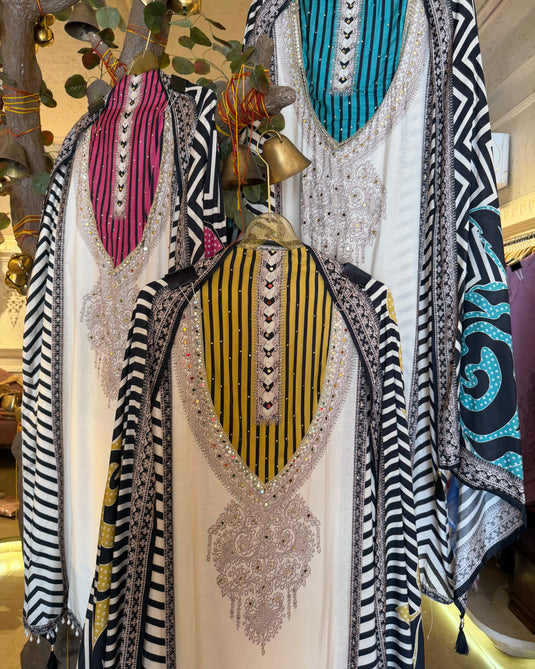 Pakistani round V neck muslin suit set with mirror work