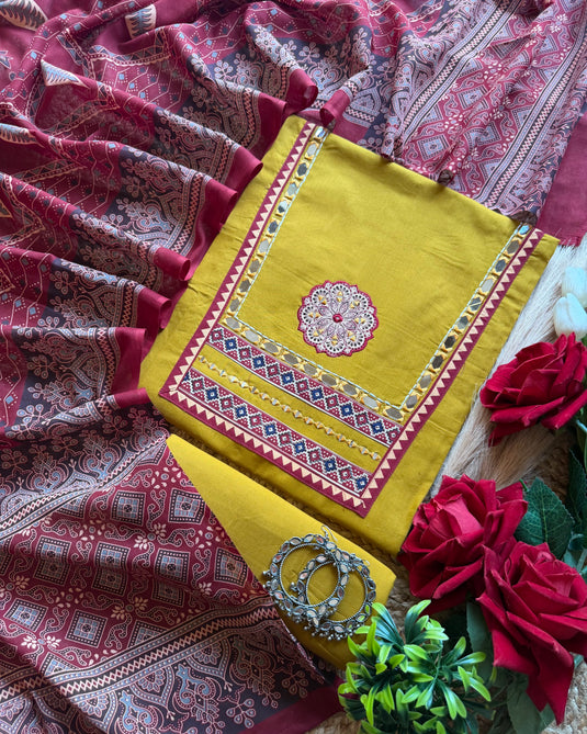 Ajrakh glass neck handloom cotton suit set
