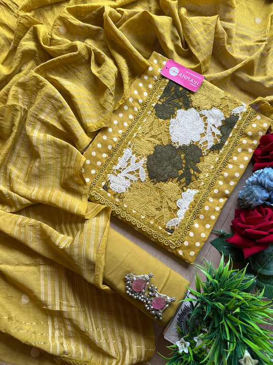 Polka dots crochet detailed cotton suit set with glazed cotton dupatta