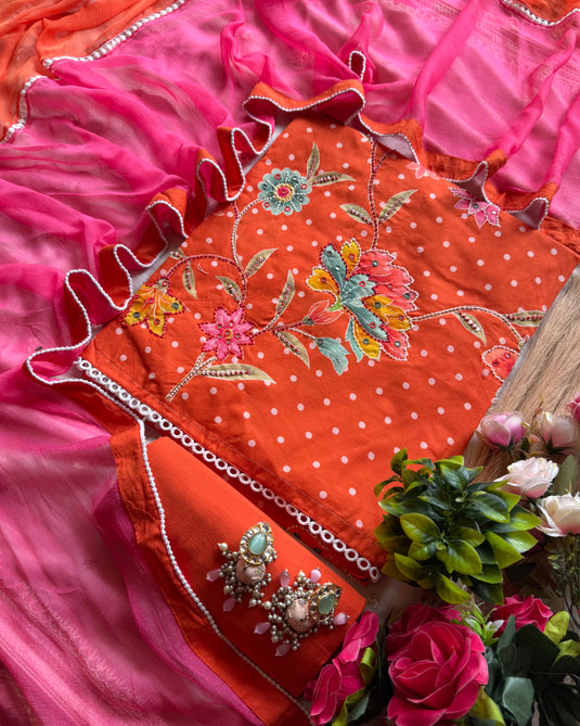 Highlighted hibiscus pure cotton polka dots suit set with tricolour dupatta