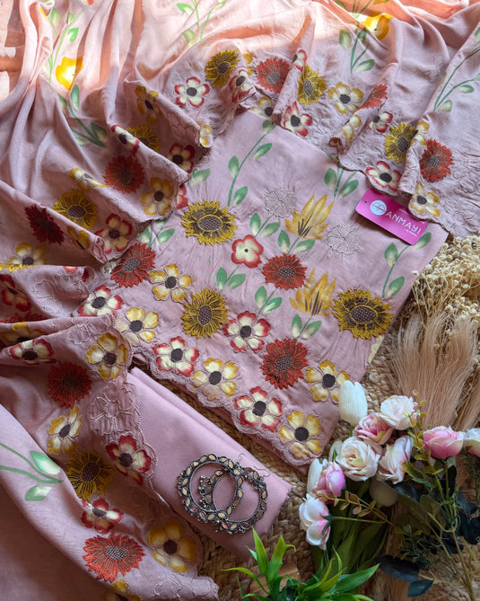 Sunflower handpaint onion pink Mul Chanderi suit set