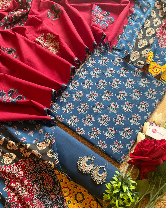 Pure cotton Ajrakh print suit set with combination patched dupatta