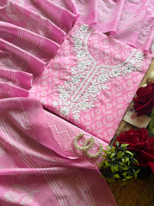 Phulkari neck printed cambric cotton suit set