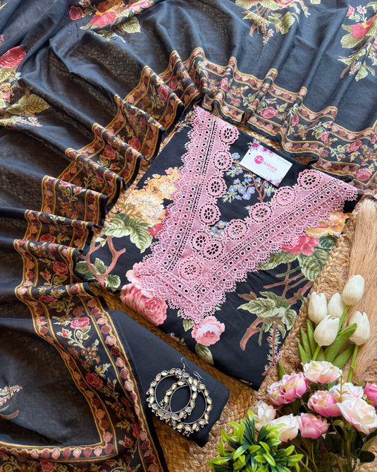 Floral print crochet V neck soft cotton Pakistani suit set