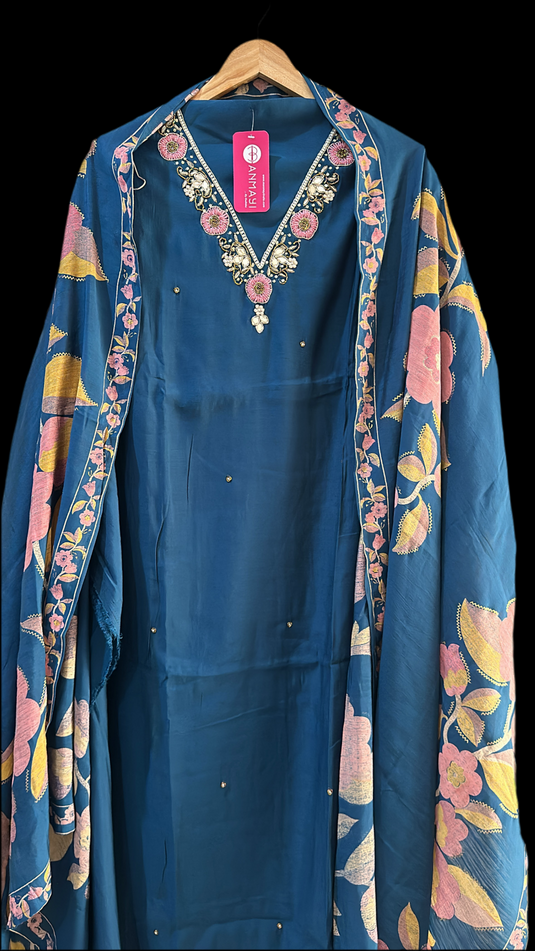 Embroidered V neck muslin suit with printed dupatta