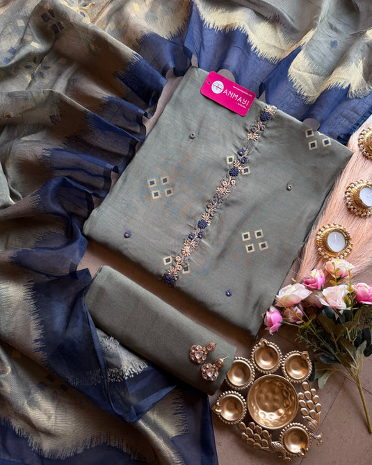 Jamdani combination gold weave french knot work cotton silk suit set