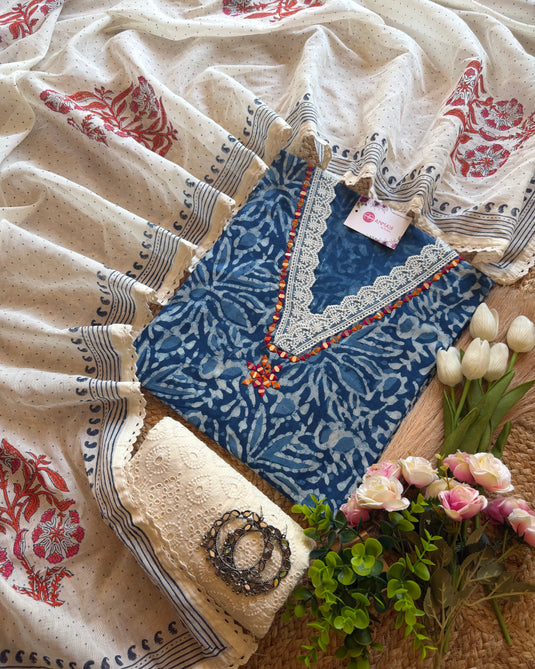 Indigo batik mirror neck pure cotton suit set