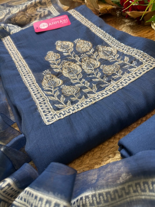 Jamdani indigo cutwork highlight neck cotton silk suit