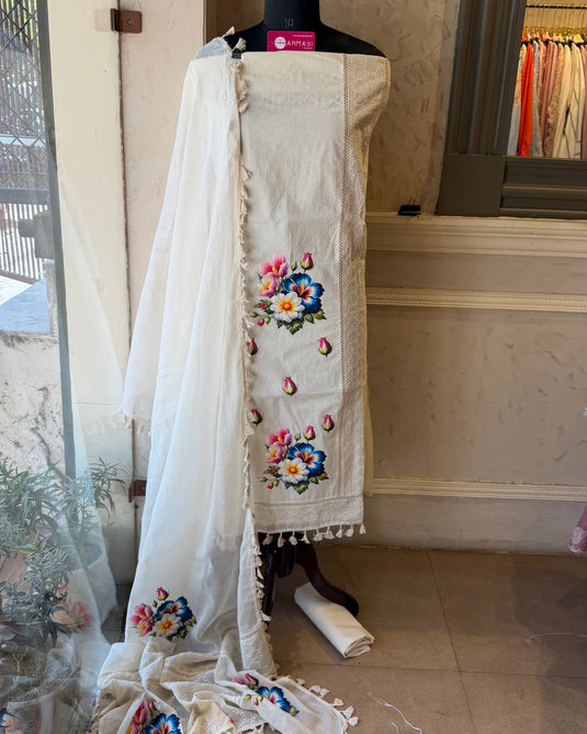 Hakooba cotton cream suit with digital flower work and tassels