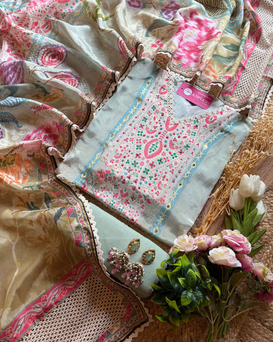 Persian print sage green suit set with crochet details and highlights