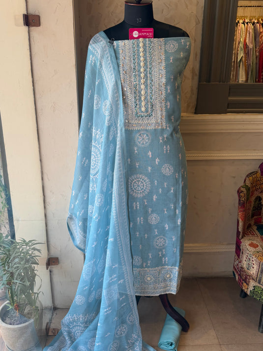 Warli print linen mirror neck suit set