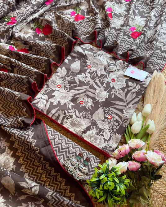 Embroidered red flowers cocoa brown cotton suit set