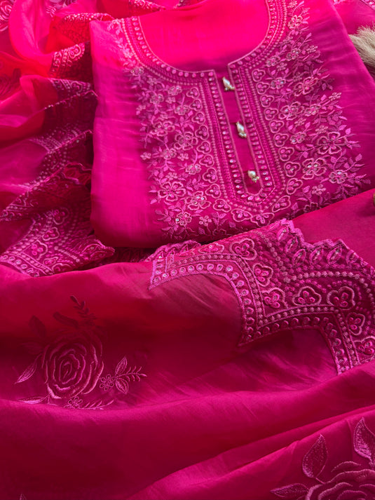 Cut aari work pure organza fuchsia pink suit set
