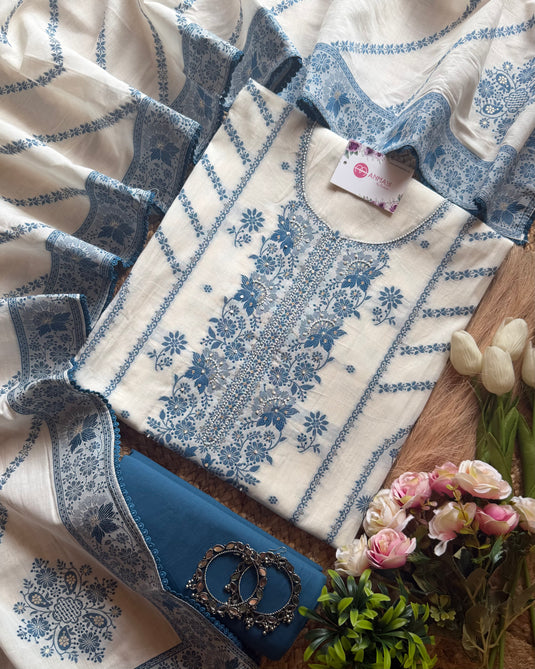 Cotton weave pearl highlight indigo cream suit set