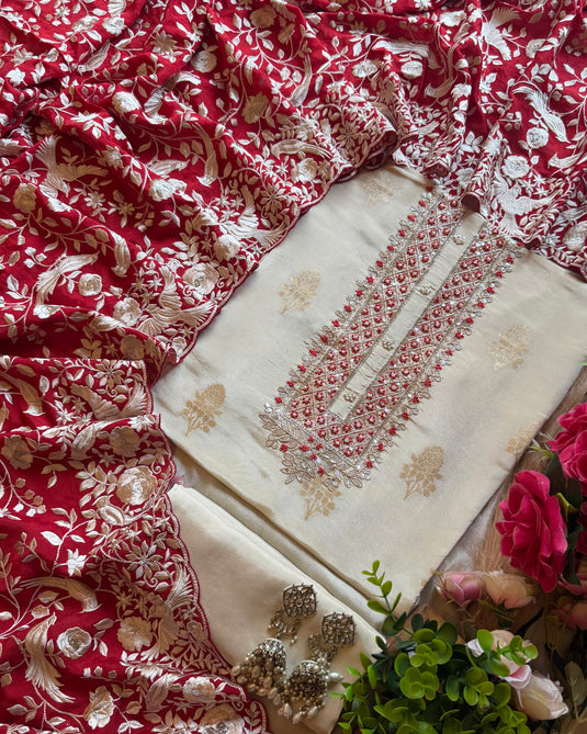 Ivory pure silk set with Georgette Parsi dupatta