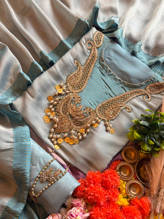 Coin work shimmer silk suit set