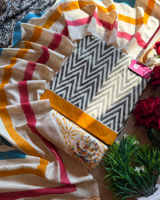 Zig zag patterned Khadi pashmina suit set with floral dupatta