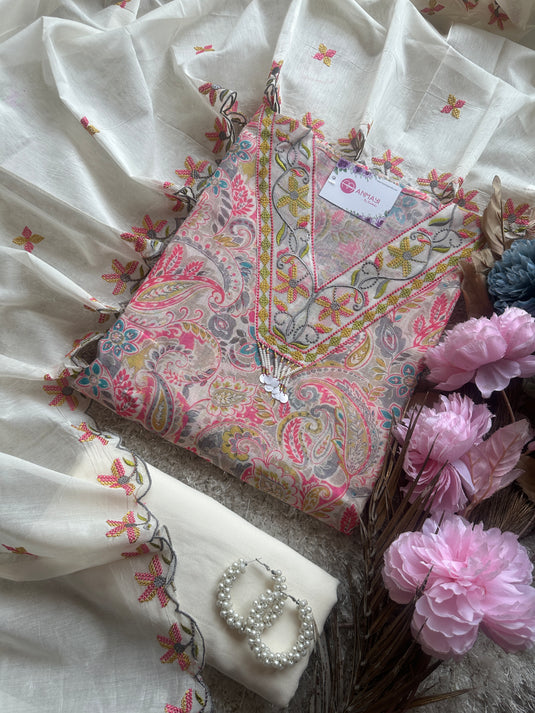 Printed neon linen suit with embroidered Chanderi dupatta