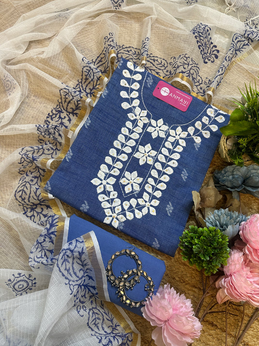 Linen cotton indigo appliqué neck work suit