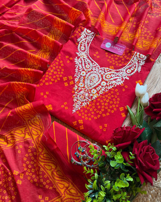 Cotton Bandhani print pita work suit set with cotton dupatta