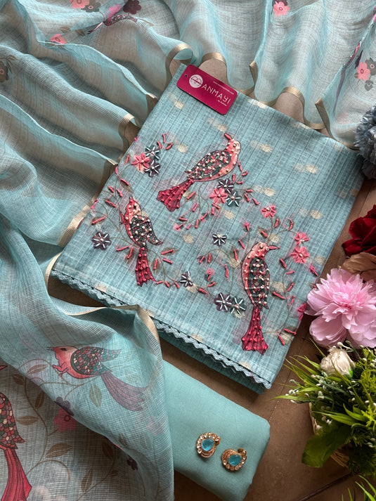 Coloured Kota banarasi knot work suit set with printed Kota dupatta
