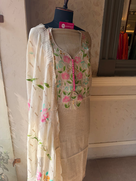 Jamdani linen floral neck suit with handpaint dupatta