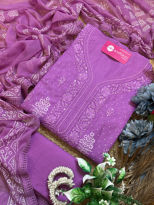 Lucknawi Chikankari pure cotton block print suit with chiffon dupatta