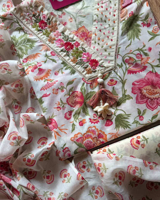 Printed pure cotton embroidered V neck floral suit set