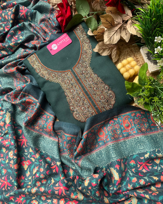 Aari work neck woollen suits with Kani print shawls