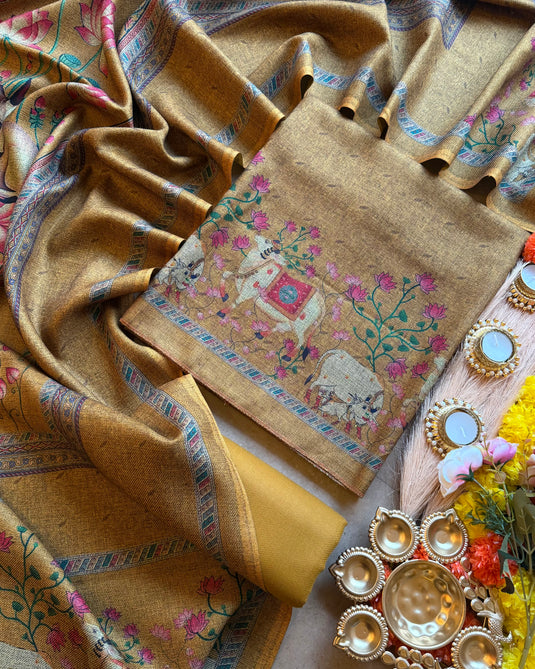 Pichwai printed spun pashmina suit set